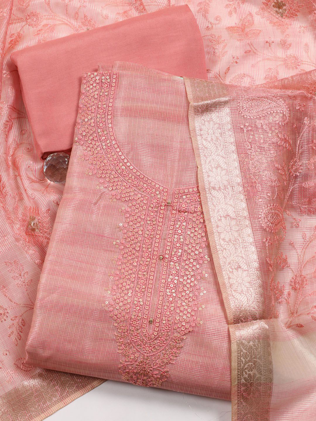 

Meena Bazaar Floral Embroidered Sequinned Unstitched Dress Material, Pink
