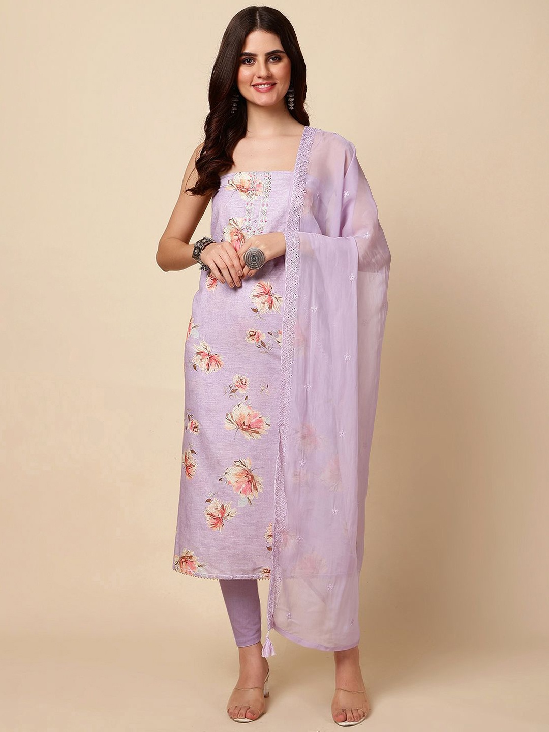 

Meena Bazaar Floral Printed Linen Unstitched Dress Material, Lavender