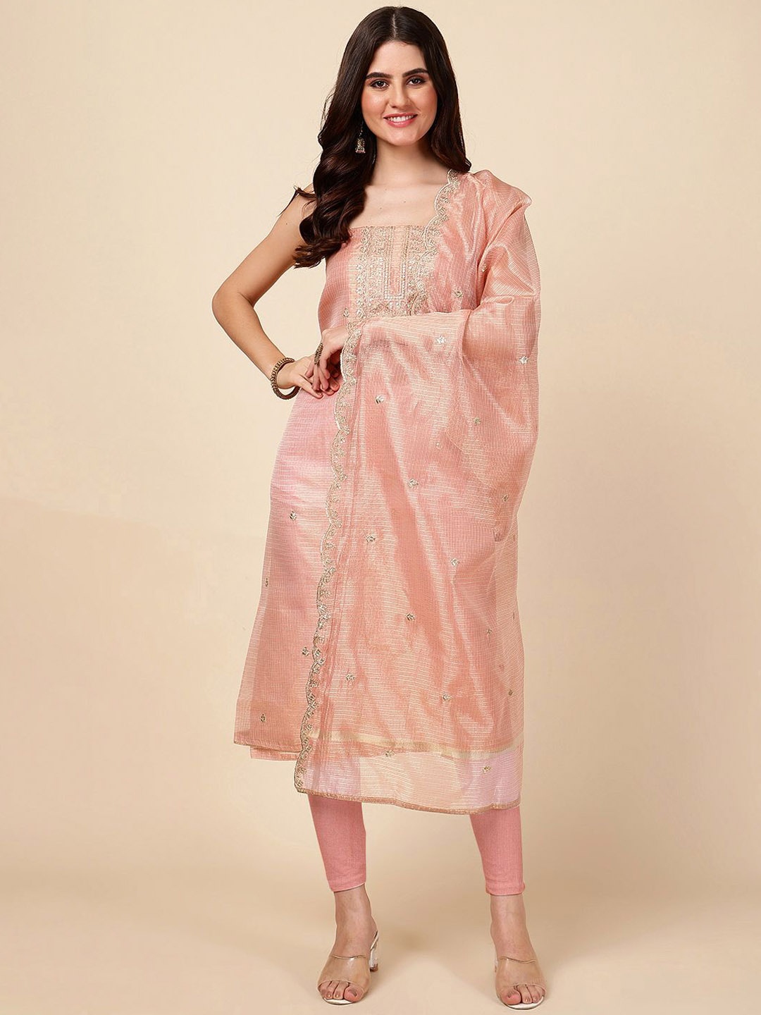 

Meena Bazaar Embroidered Art Silk Unstitched Dress Material, Peach