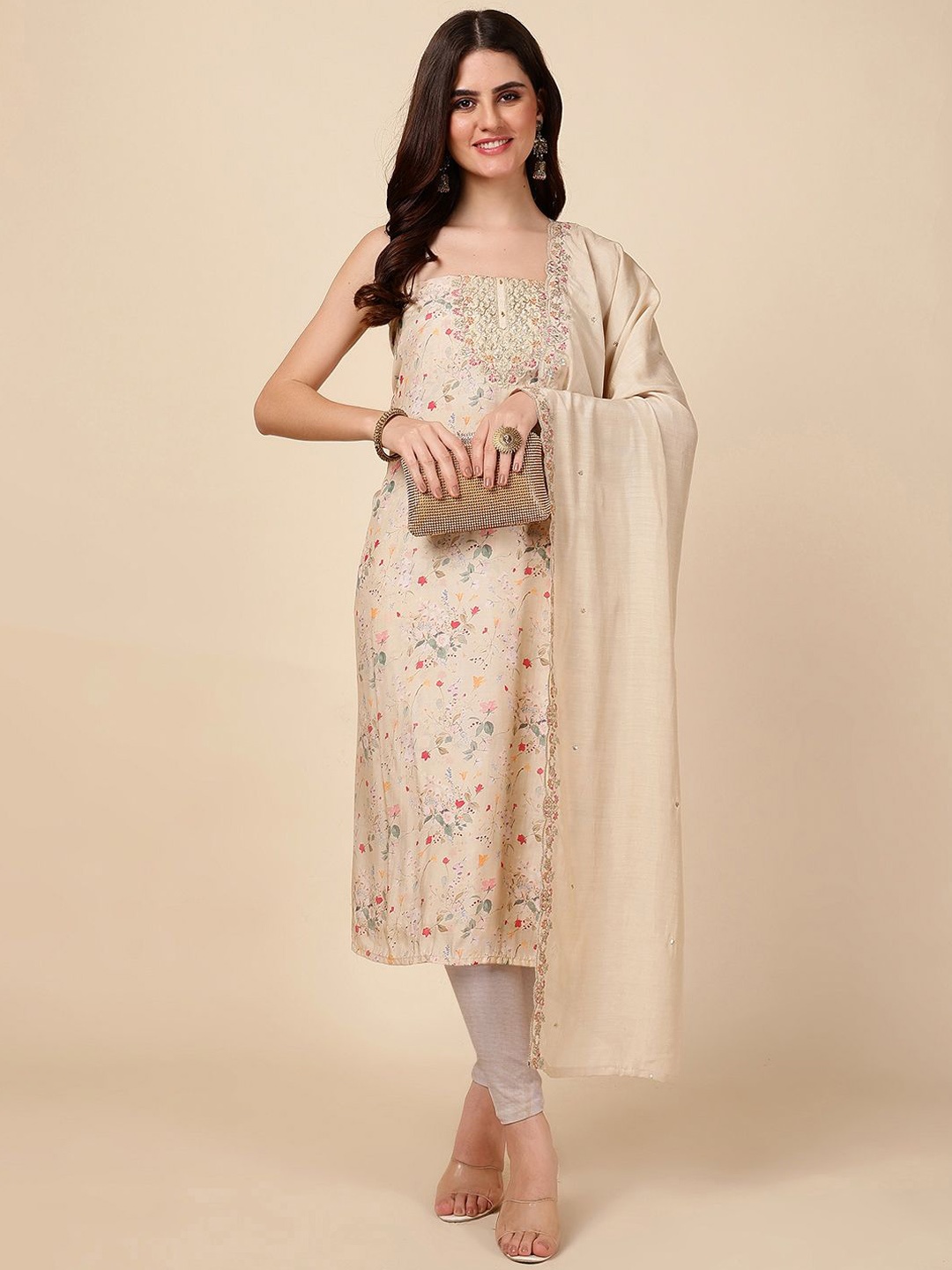 

Meena Bazaar Floral Printed Art Silk Unstitched Dress Material, Beige