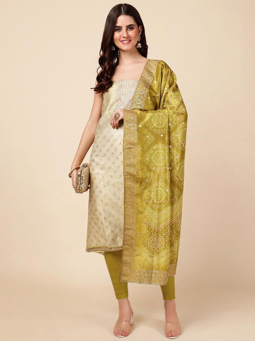 

Meena Bazaar Floral Woven Design Sequinned Unstitched Dress Material, Beige