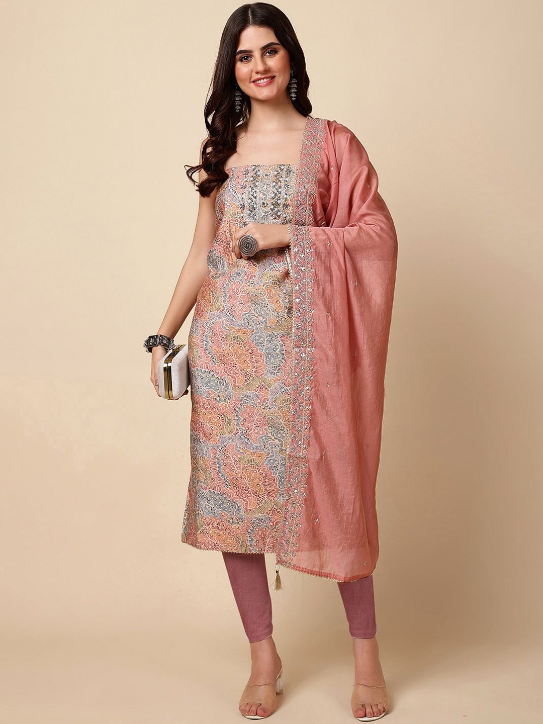

Meena Bazaar Floral Printed Unstitched Dress Material, Pink
