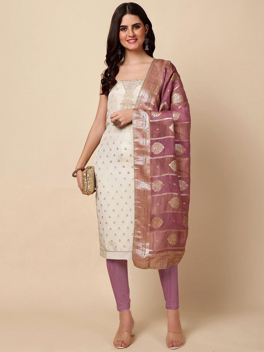 

Meena Bazaar Floral Woven Design Zari Unstitched Dress Material, Beige