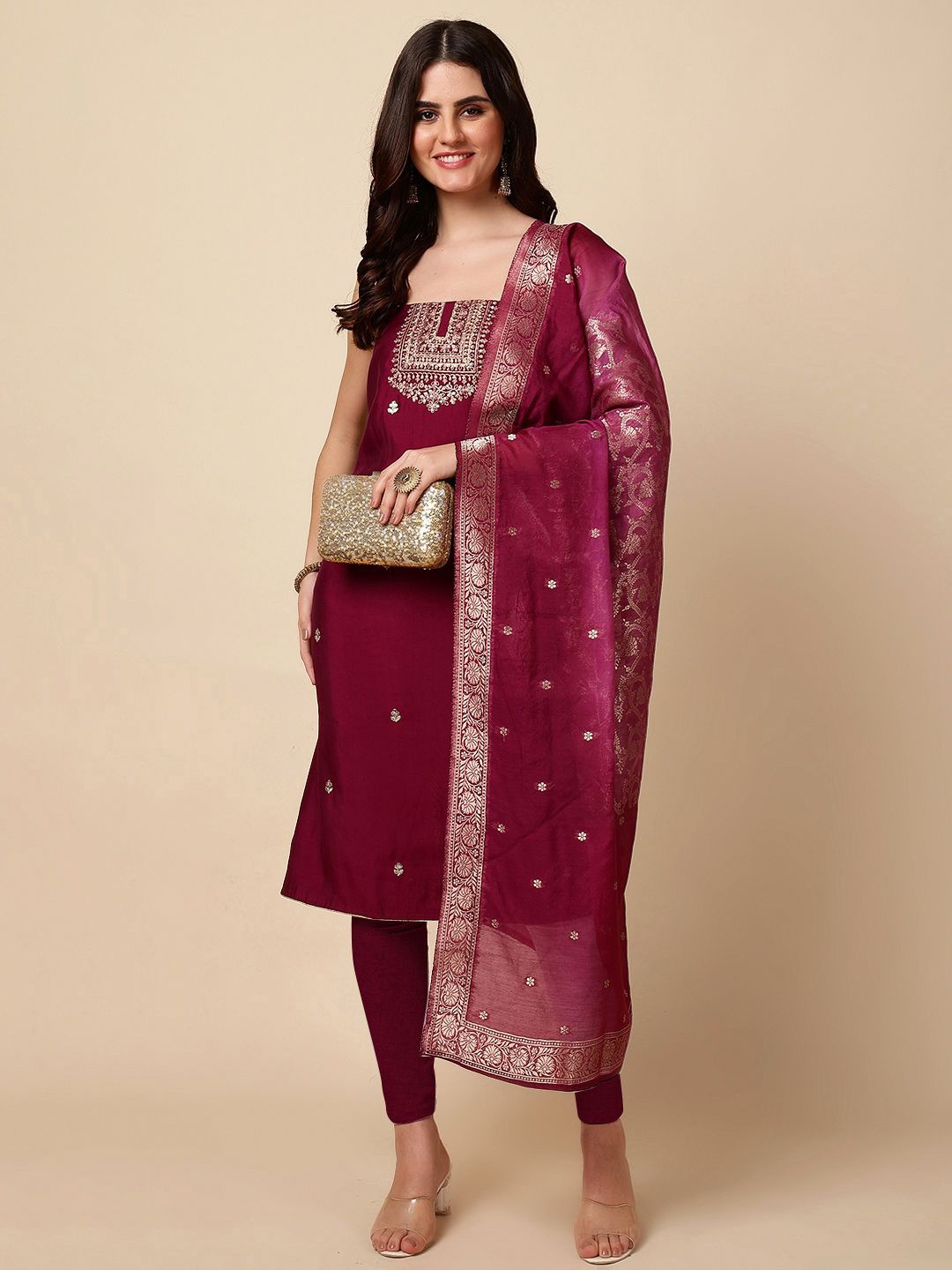 

Meena Bazaar Floral Embroidered Art Silk Unstitched Dress Material, Magenta