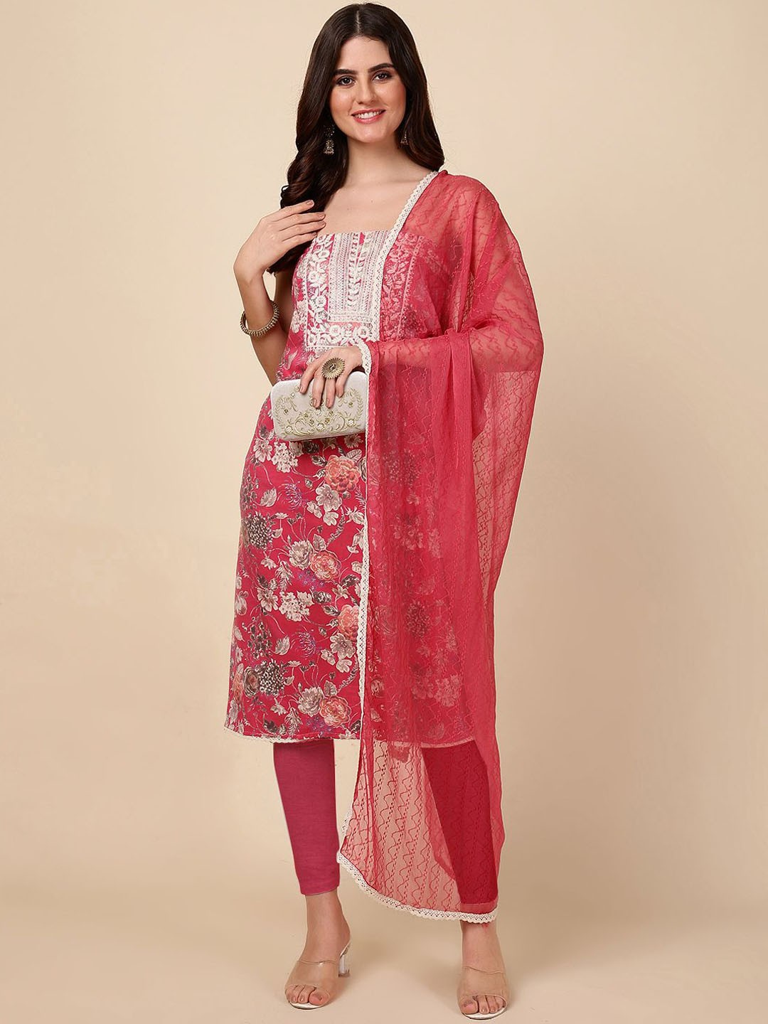 

Meena Bazaar Floral Printed Sequinned Unstitched Dress Material, Pink