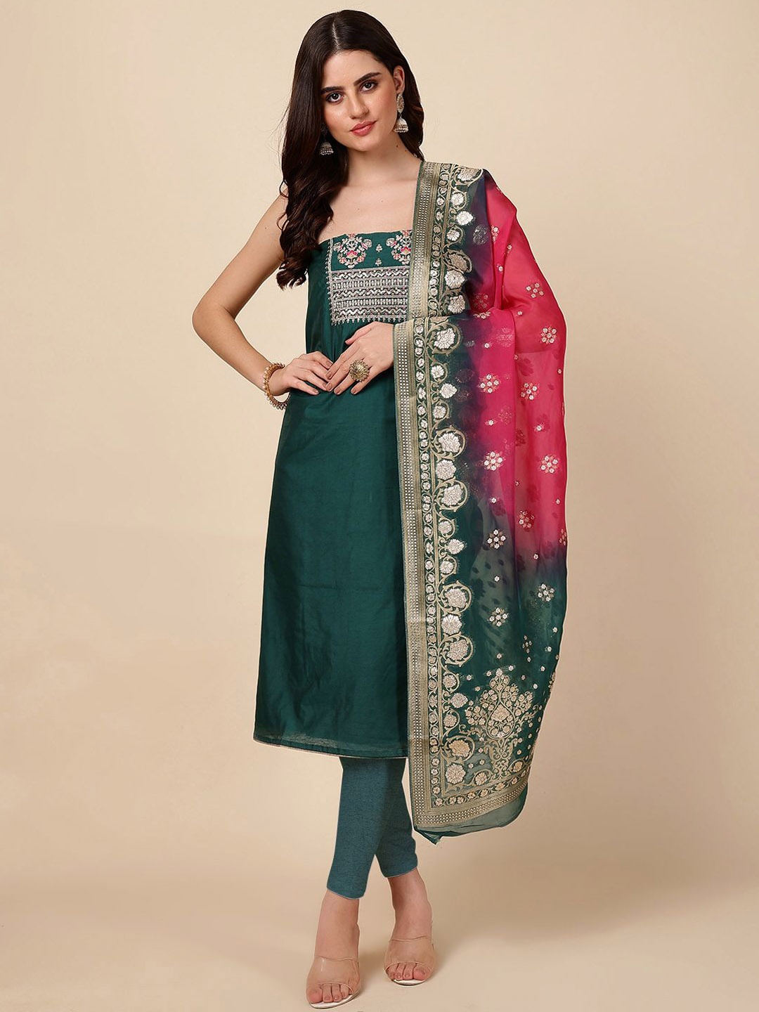 

Meena Bazaar Floral Embroidered Sequinned Unstitched Dress Material, Green