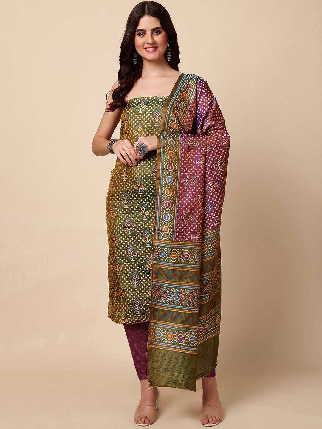 

Meena Bazaar Ethnic Motifs Printed Unstitched Dress Material, Green