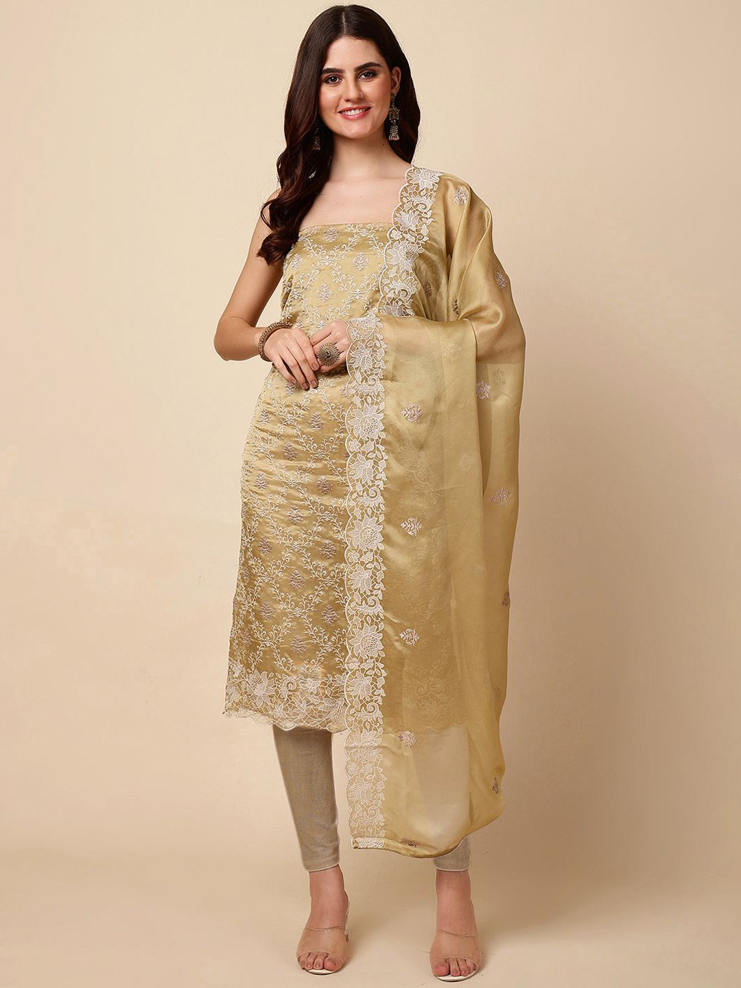 

Meena Bazaar Floral Embroidered Unstitched Dress Material, Green