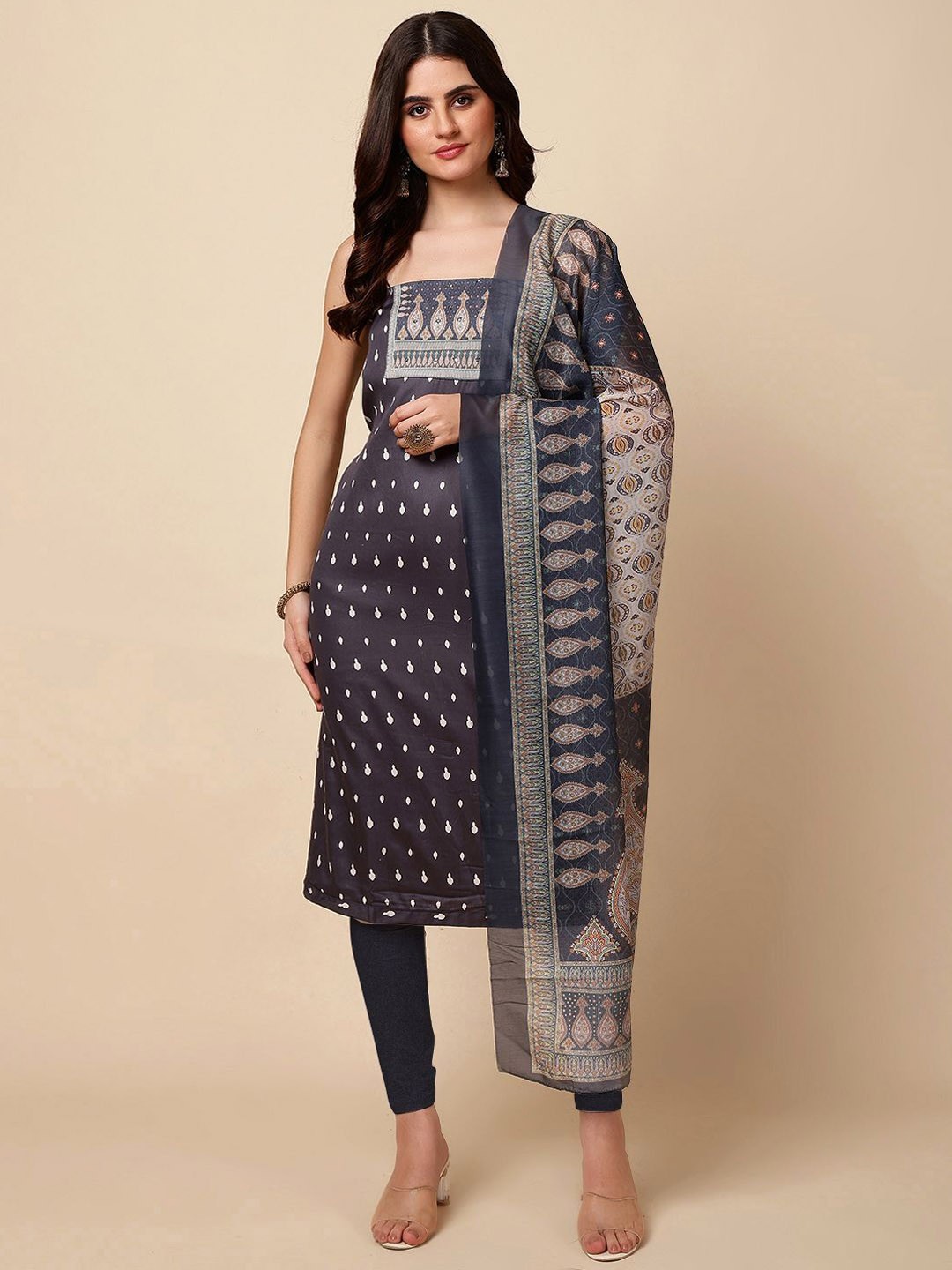 

Meena Bazaar Floral Printed Unstitched Dress Material, Grey