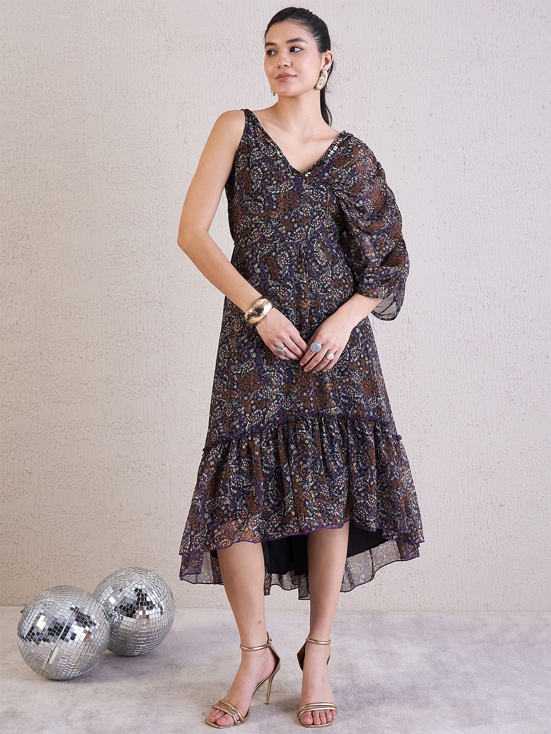 

MEDLEY BY ANTHEAA Women V-Neck Floral Printed Fit and Flare Dress, Black