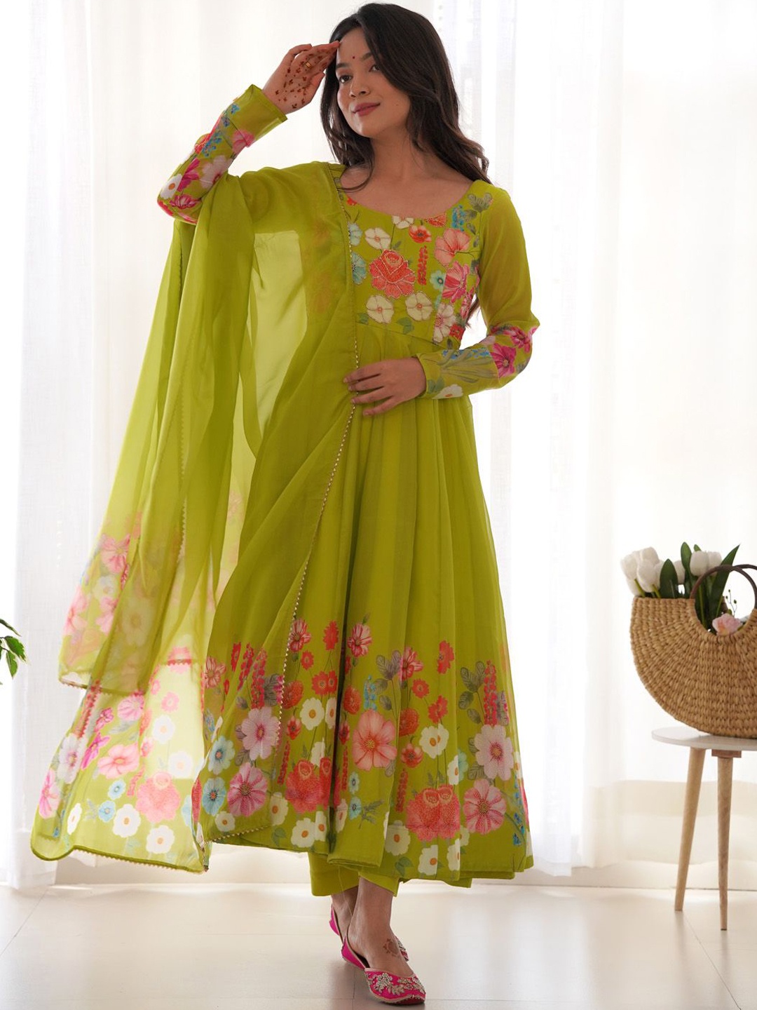 

JATRIQQ Floral Printed Thread Work Anarkali Kurta With Trousers & Dupatta, Lime green