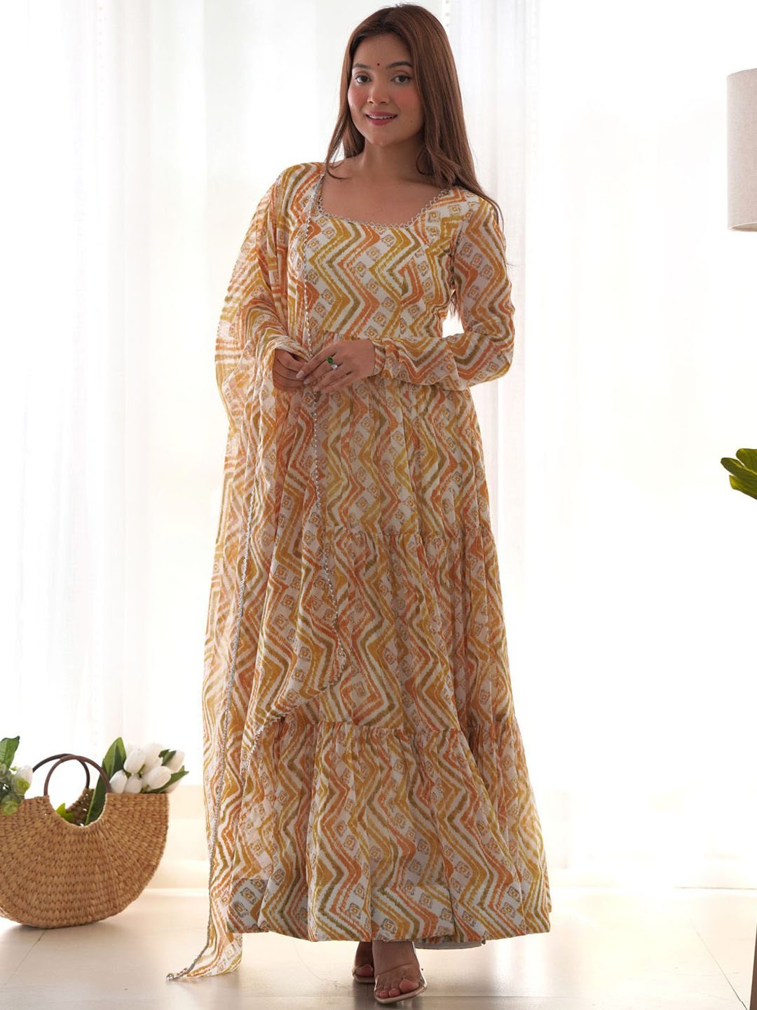 

JATRIQQ Geometric Printed Gotta Patti Layered Anarkali Kurta with Trousers & With Dupatta, Yellow