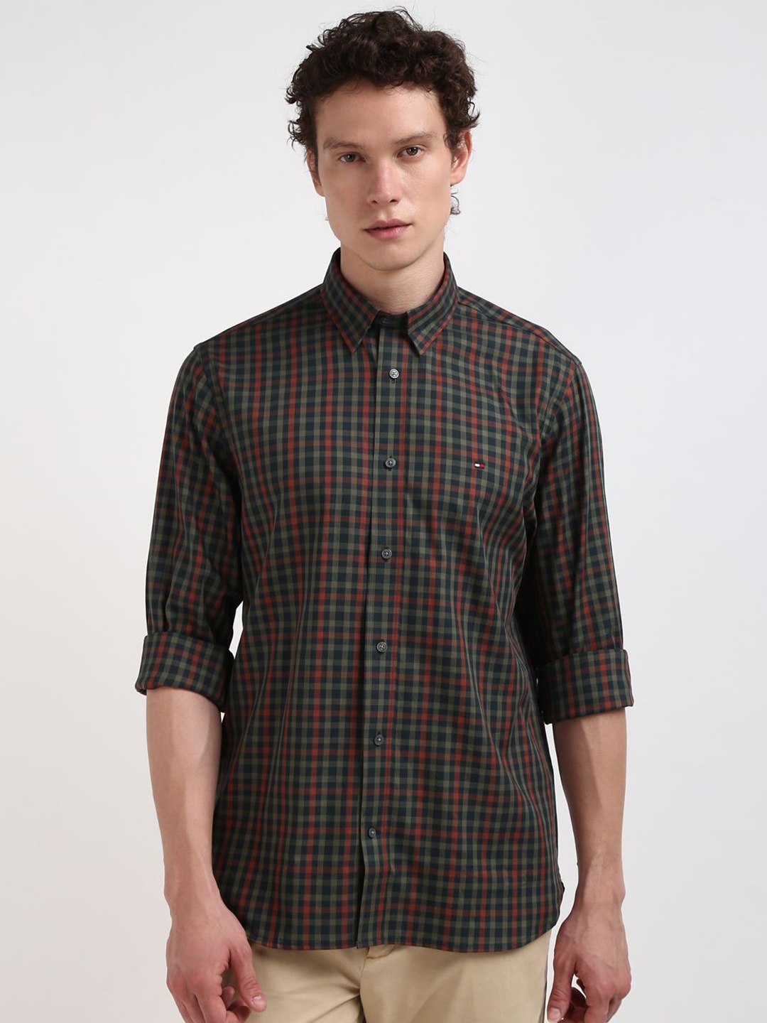 

Tommy Hilfiger Men Tartan Checked Spread Collar Casual Shirt, Green