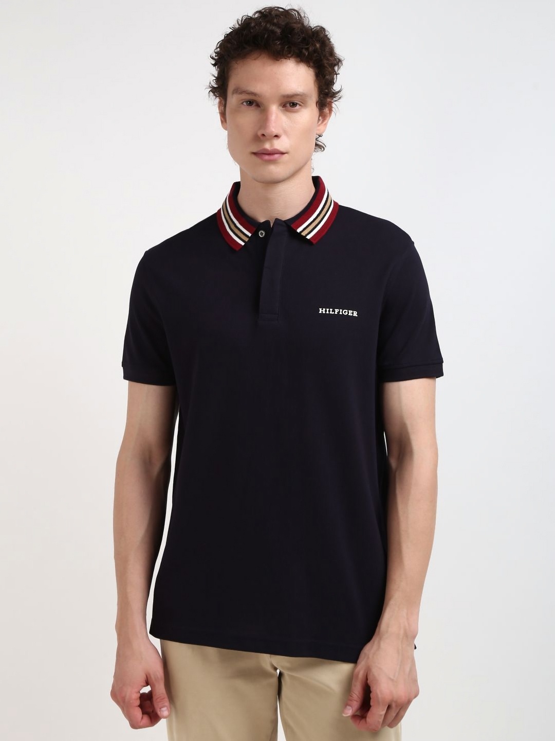 

Tommy Hilfiger Men Solid Nautical Polo Collar Organic Cotton T-Shirt, Navy blue