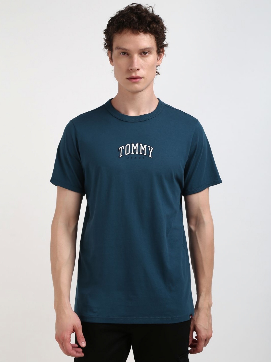 

Tommy Hilfiger Men Printed Round Neck Cotton Slim Fit T-Shirt, Teal