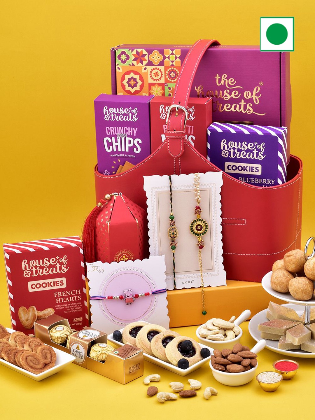 

Hyperfoods Set Of 2 Rakhi With Set Of 7 Assorted Gifts, Red