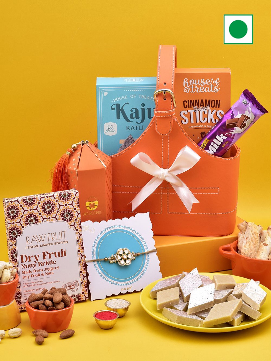 

Hyperfoods Set Of 2 Rakhi With Set Of 4 Assorted Gifts, Orange