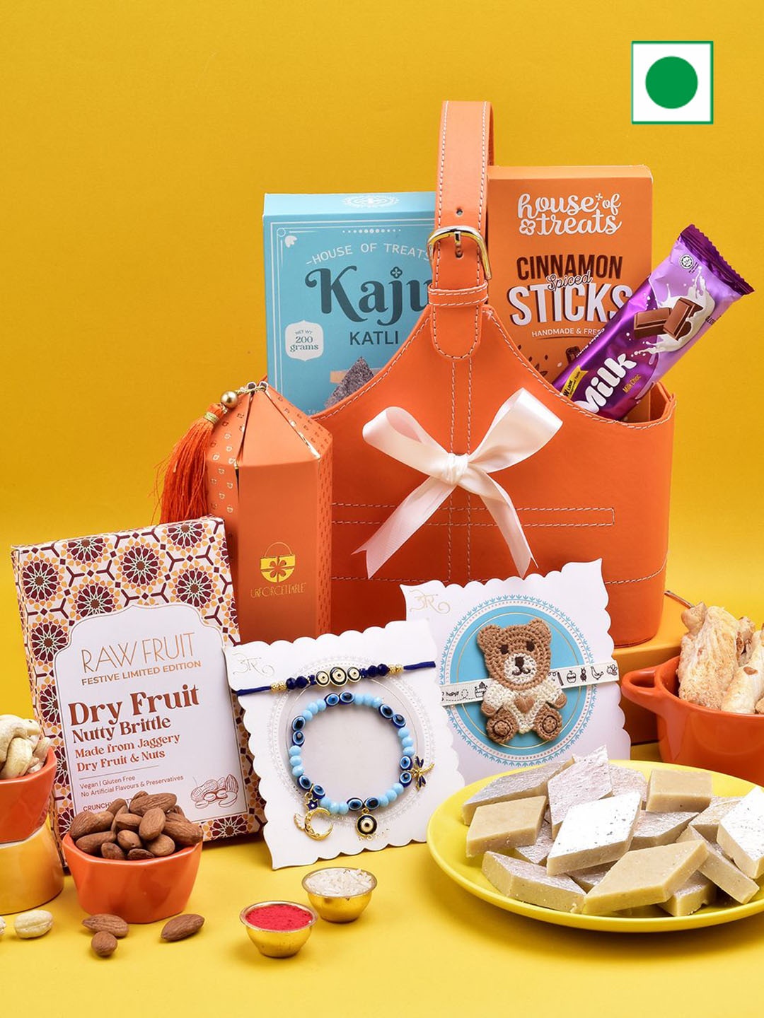 

Hyperfoods Set Of 2 Rakhi With Set Of 4 Assorted Gifts, Orange