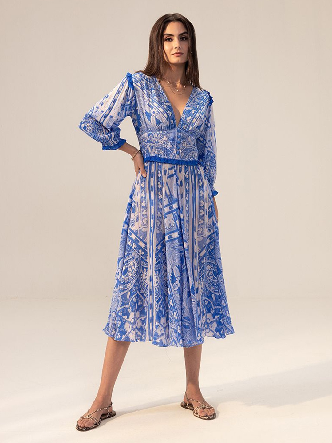 

REENA SHARMA Women Printed V-Neck Puff Sleeve Georgette Fit and Flare Midi Dress, Blue