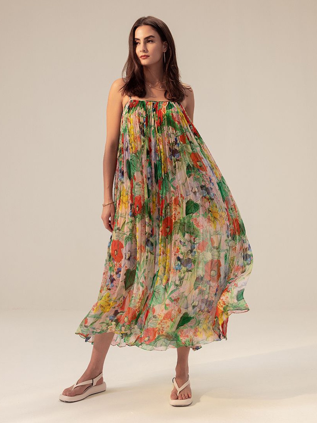 

REENA SHARMA Floral Print Chiffon A-Line Maxi Dress, Green