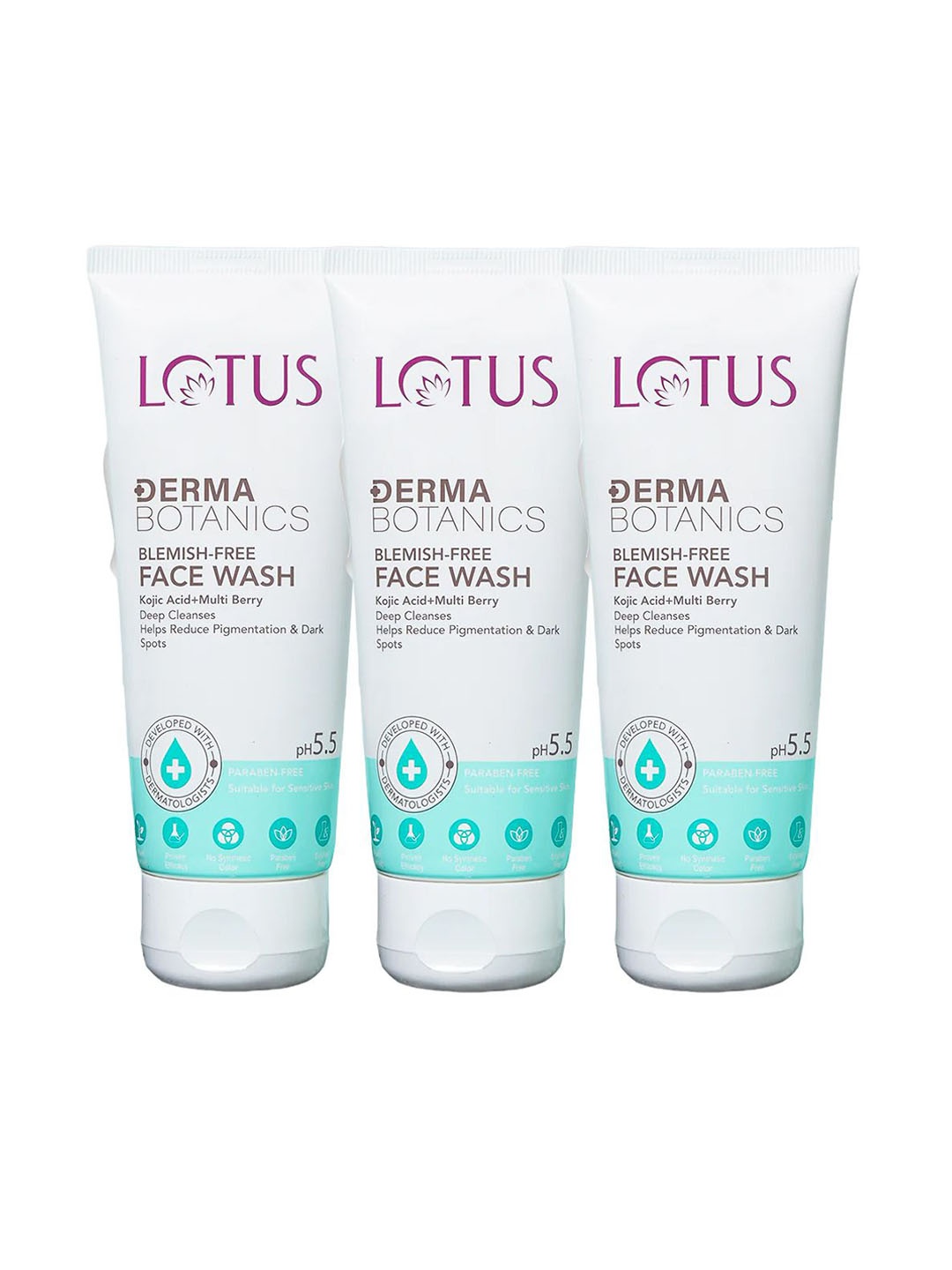 

Lotus Herbals Set of 3 Derma Botanics Blemish-Free Face Wash with Kojic Acid - 100 g each, White