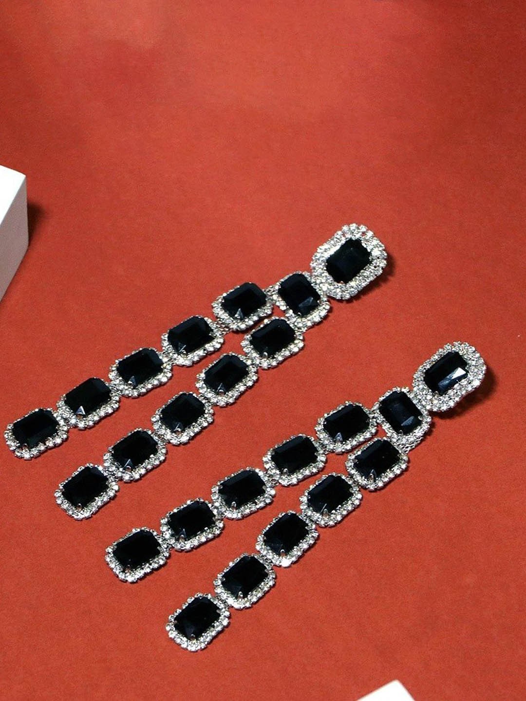

AMADA JEWELS Silver-Plated Stone Studded Drop Earrings, Black
