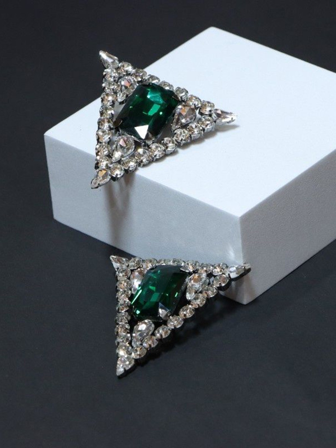 

AMADA JEWELS Silver-Plated Triangle Emerald Crystal Studs Earrings, Green