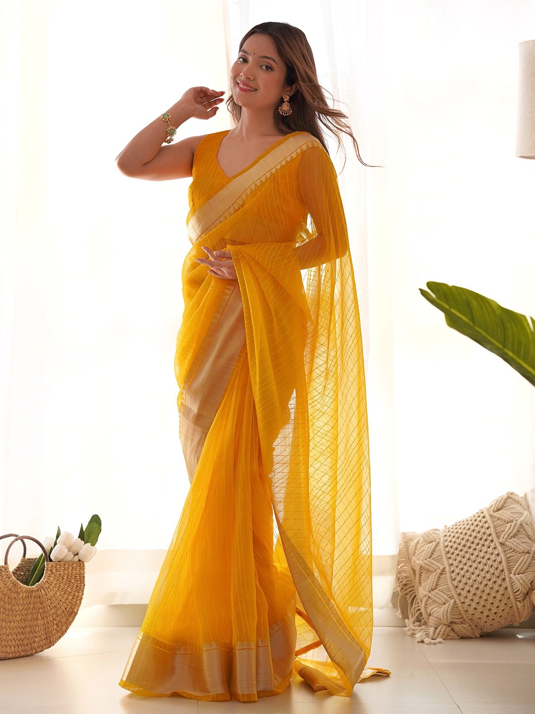 

CANIZZARO Khadi Organza Embellished Zari Traditional Celebrity Saree, Yellow