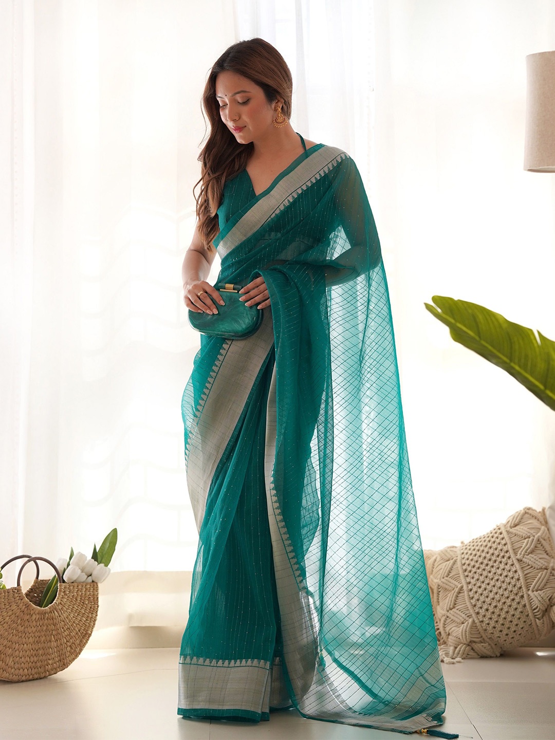 

CANIZZARO Striped Sequinned Zari Woven Khadi Saree, Sea green