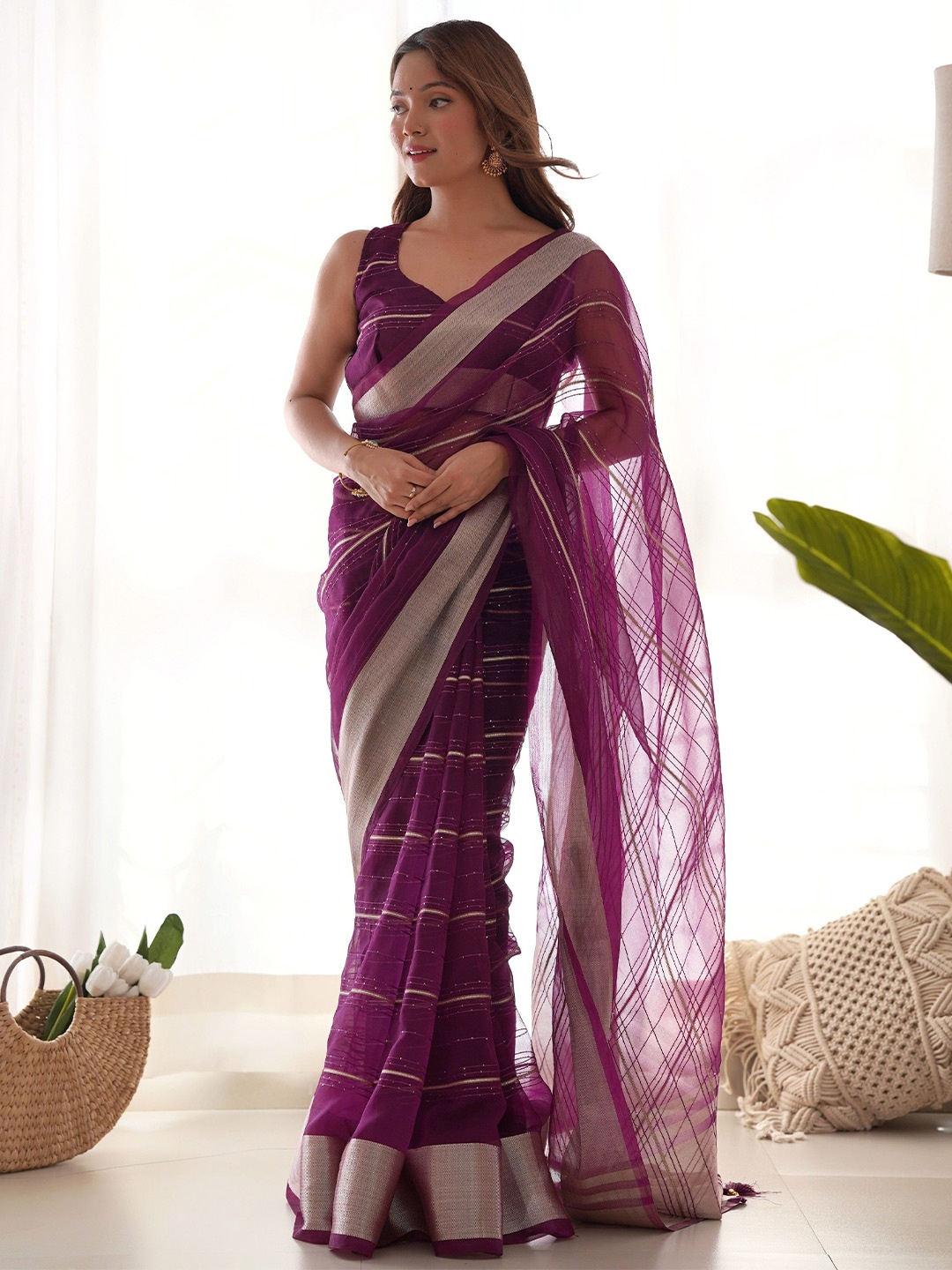 

CANIZZARO Sequinned Zari Woven Khadi Saree, Magenta