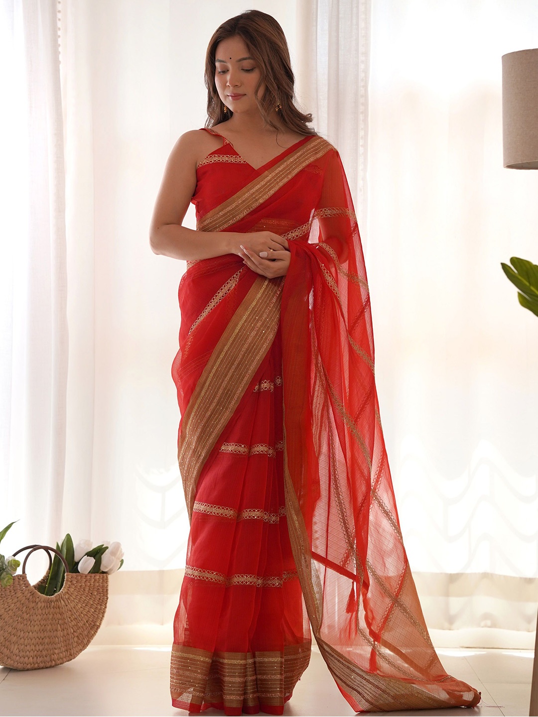 

CANIZZARO Striped Sequinned Organza Khadi Saree, Red