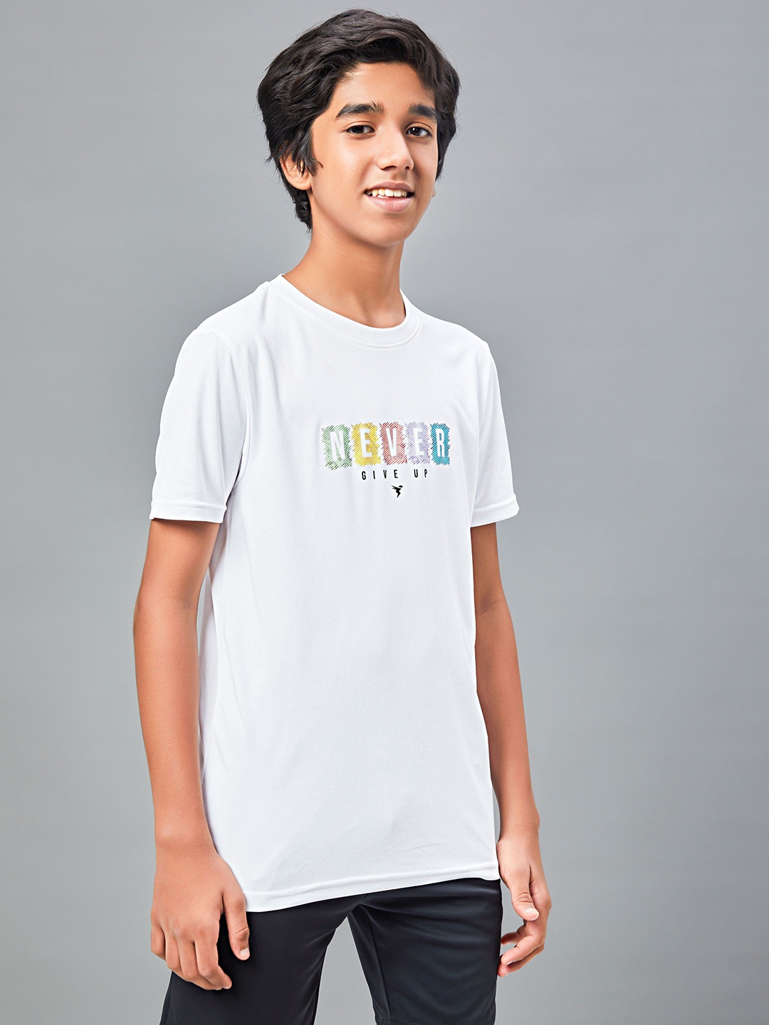

Technosport Boys Typography Printed UPF50 Sun Protection Slim Fit Sports Tshirt, White