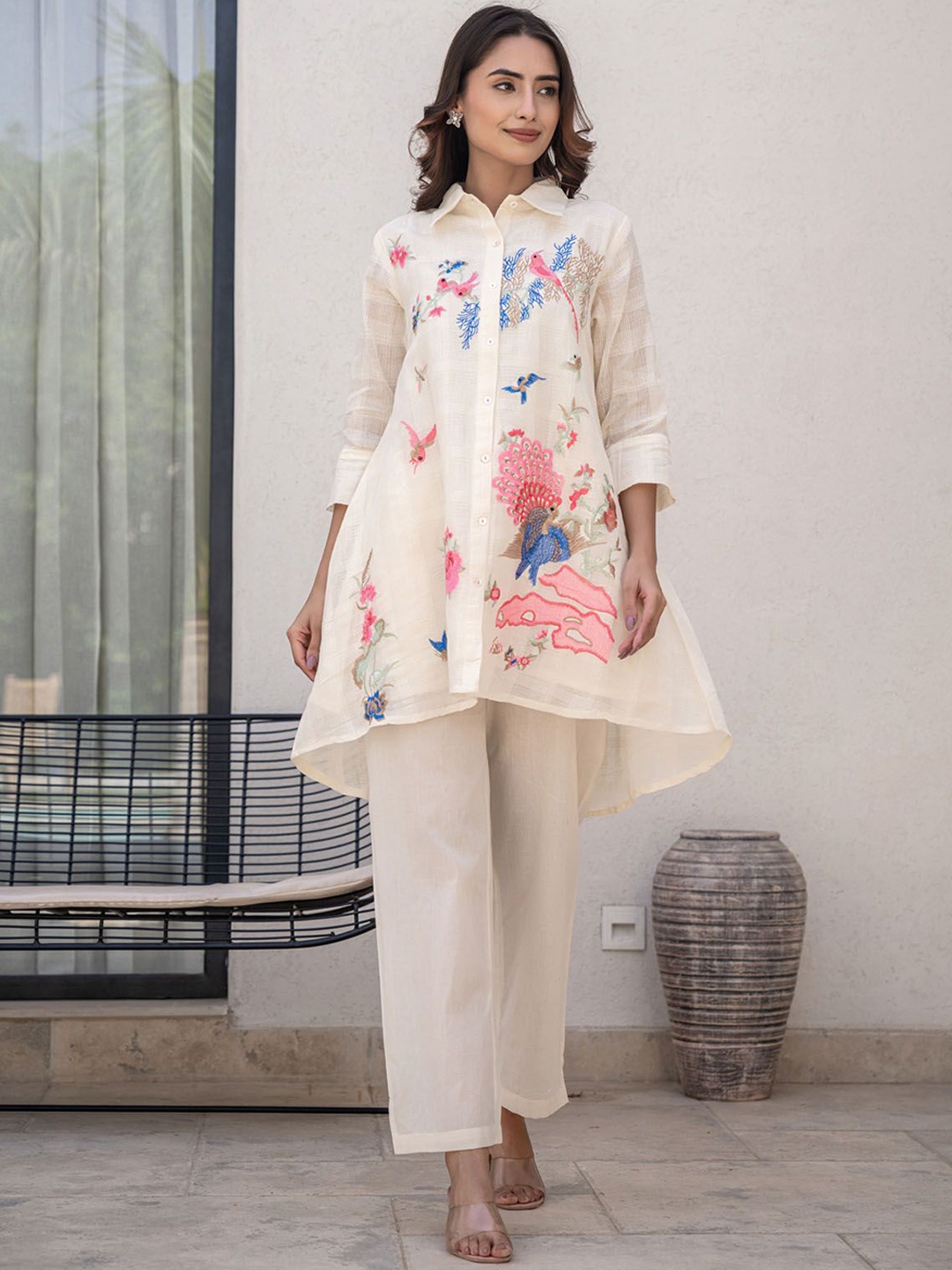 

FASHION DWAR Floral Embroidered Pure Cotton Tunic With Trouser, Off white