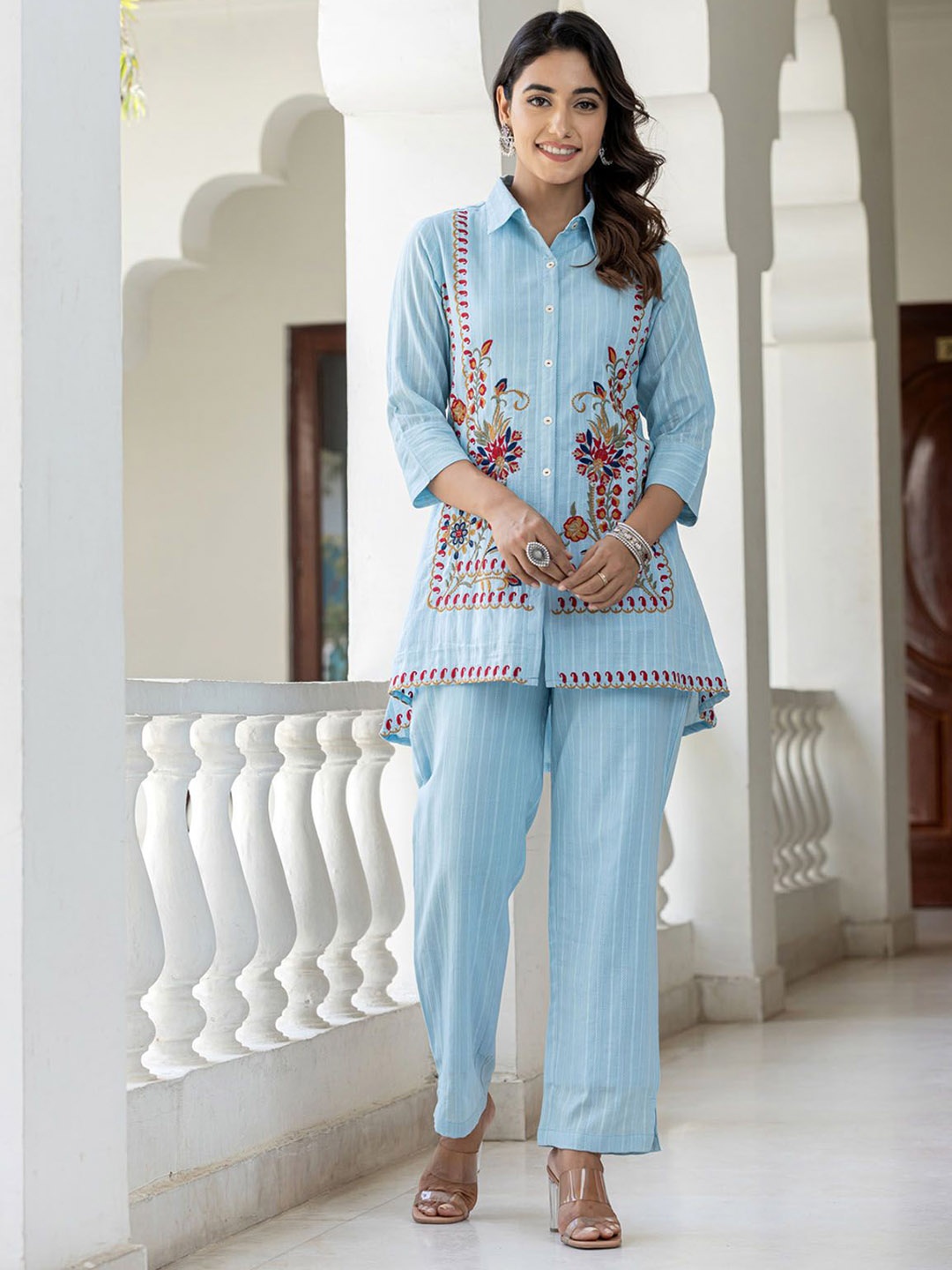 

FASHION DWAR Striped Embroidered Pure Cotton Tunic With Trouser, Blue