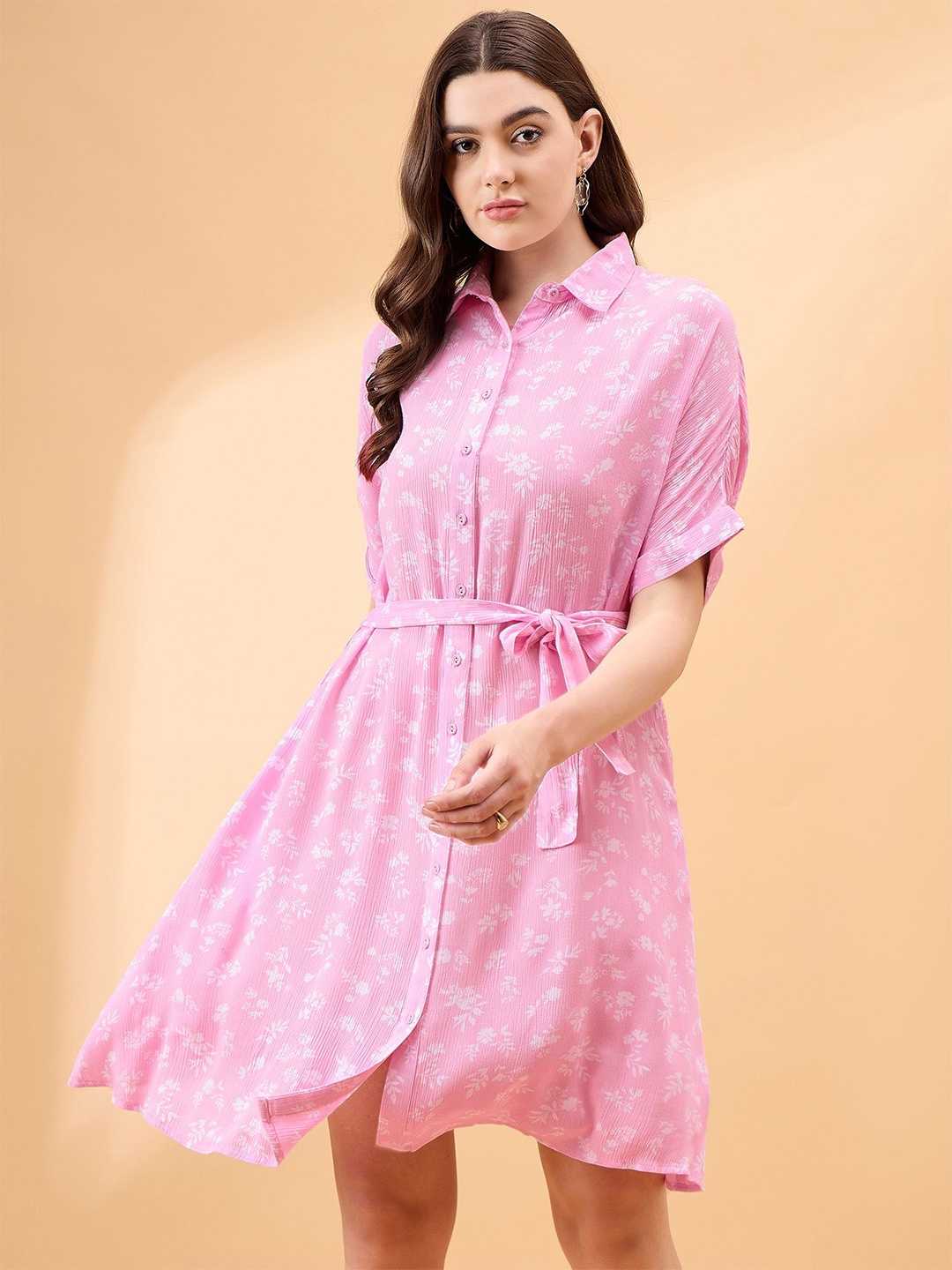 

all about you Women Printed Shirt Collar Cap Sleeves Above Knee Shirt Dress, Pink