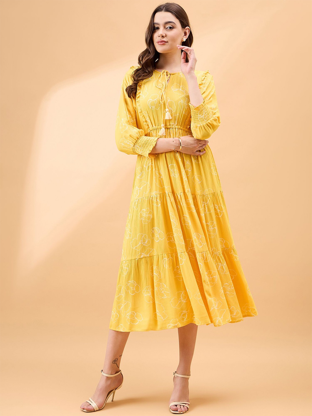 

all about you Floral Printed Fit and Flare Midi Dress, Yellow