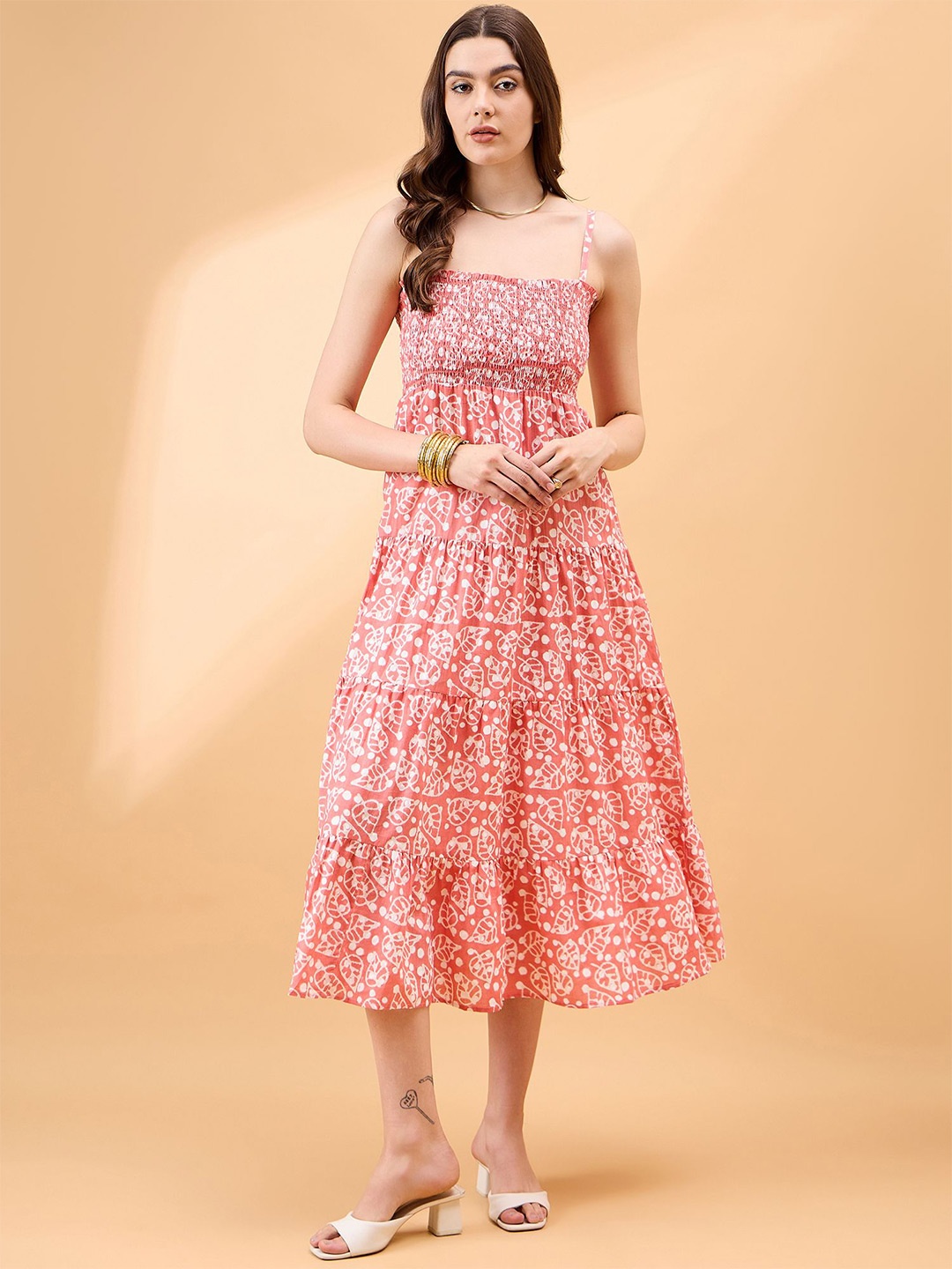 

all about you Printed Shoulder Straps Empire Midi Dress, Pink