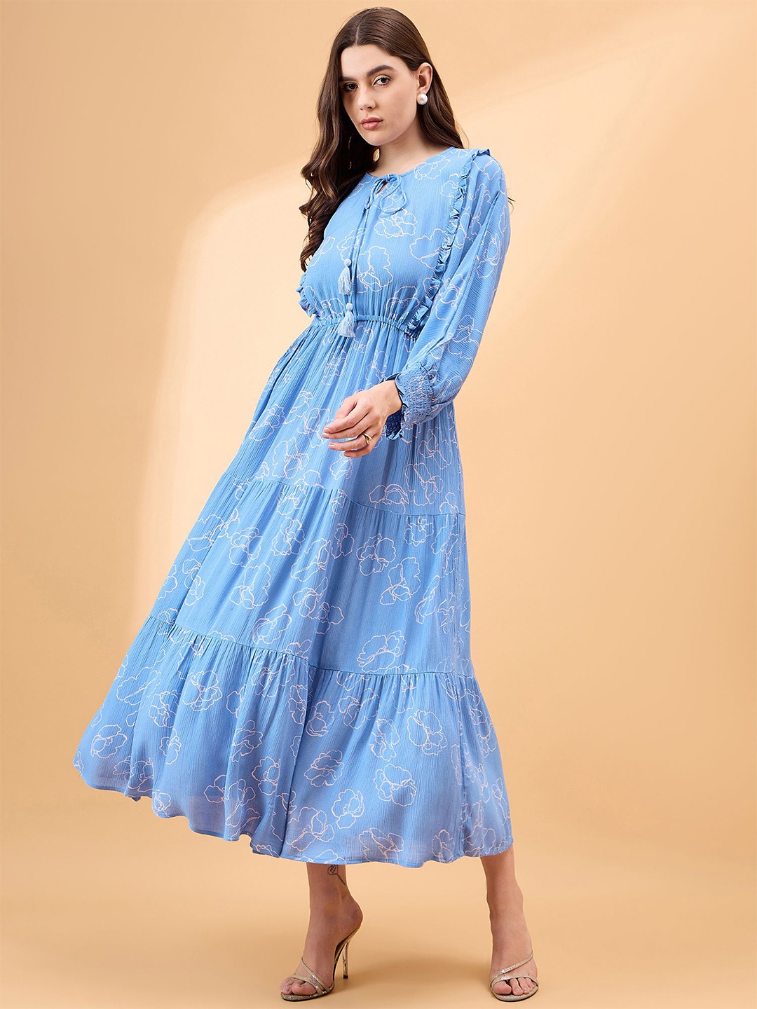 

all about you Floral Printed Cuffed Sleeve Tiered Fit & Flare Midi Dress, Blue
