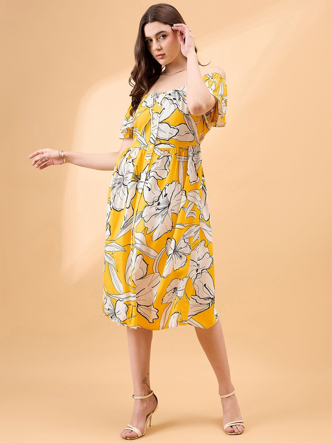 

all about you Floral Print Off-Shoulder Fit & Flare Midi Dress, Yellow