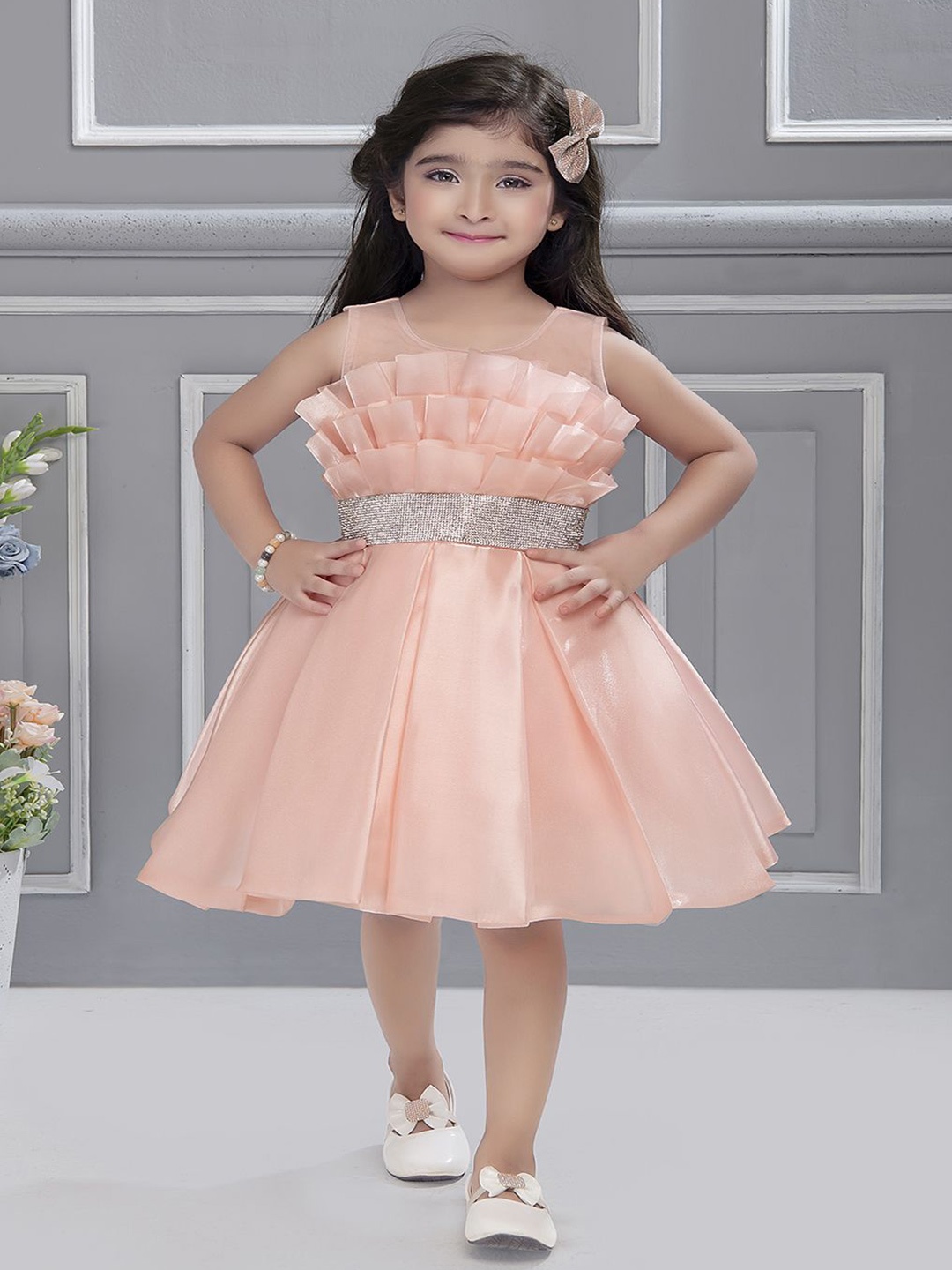 

Ministitch Girls Solid Round Neck sleeveless Above Knee Baloon Dress, Peach
