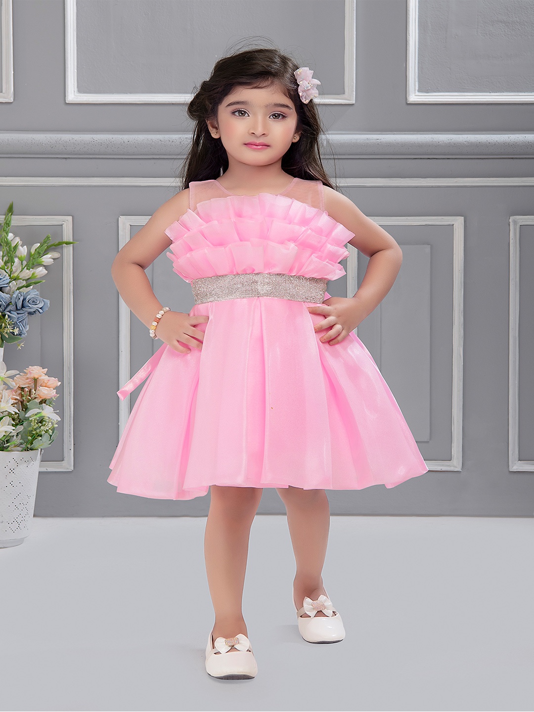 

Ministitch Girls Embellished Organza Fit & Flare Dress, Pink