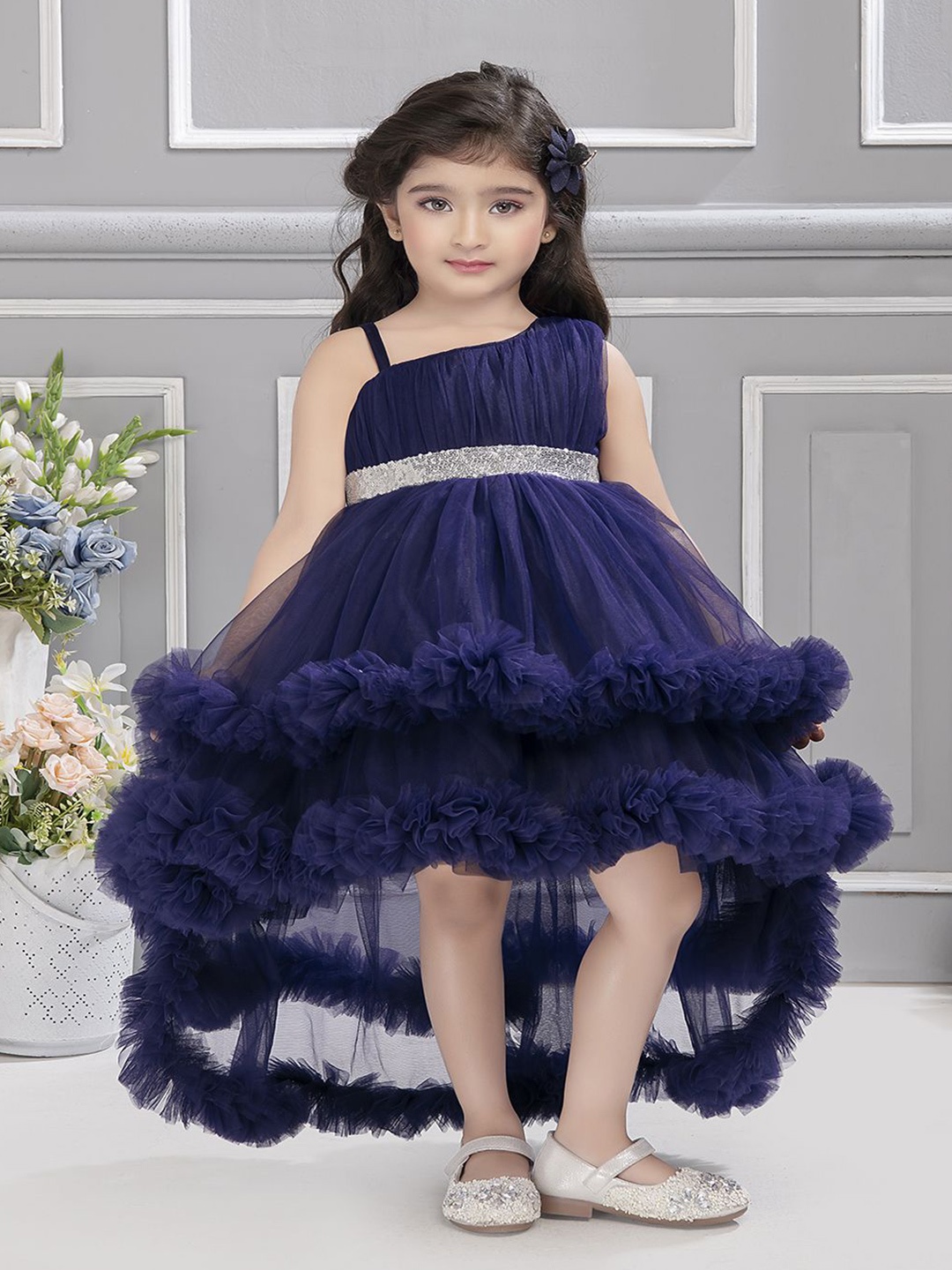 

Ministitch Girls Net Asymmetric Neck Empire Layered Dress, Navy blue