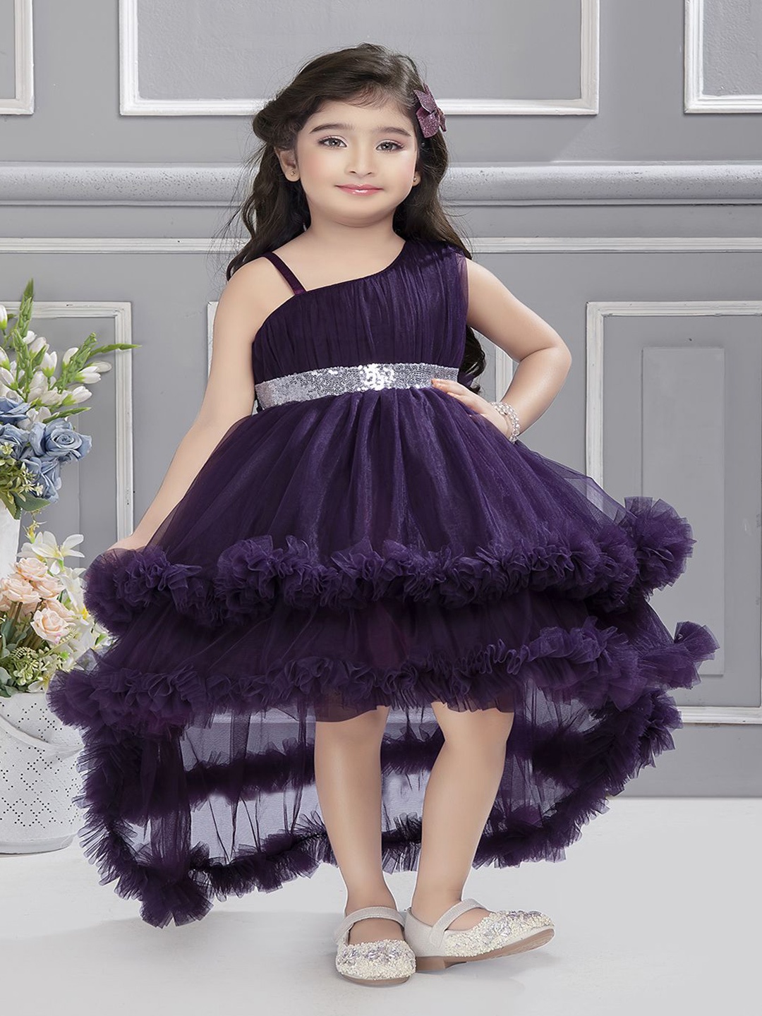 

Ministitch Girls Net Empire Double Layered Tail cut Dress, Purple