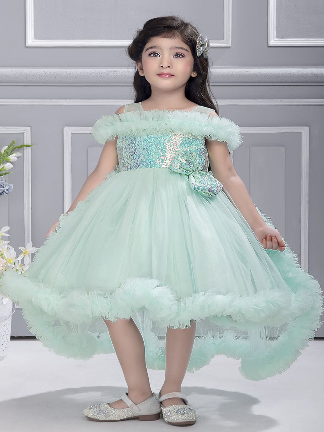 

Ministitch Girls Net Fit & Flare Midi Tail cut Dress, Green