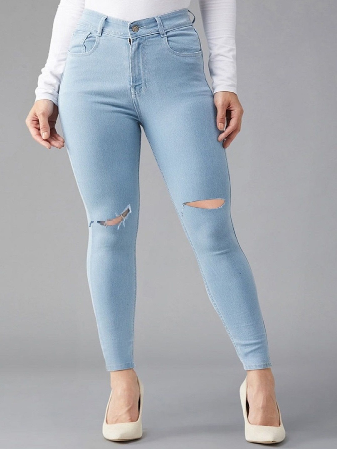 

Perfect Outlet Women Cotton High-Rise Slash Knee Stretchable Jeans, Blue
