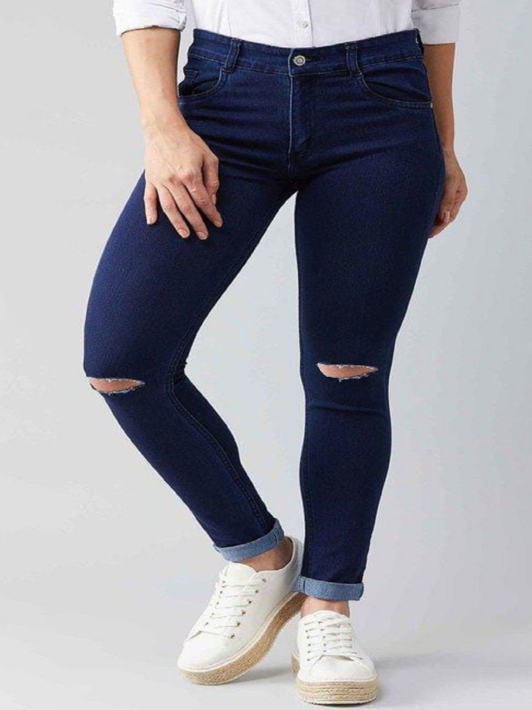 

Perfect Outlet Women Mid-Rise Slash Knee Stretchable Jeans, Navy blue