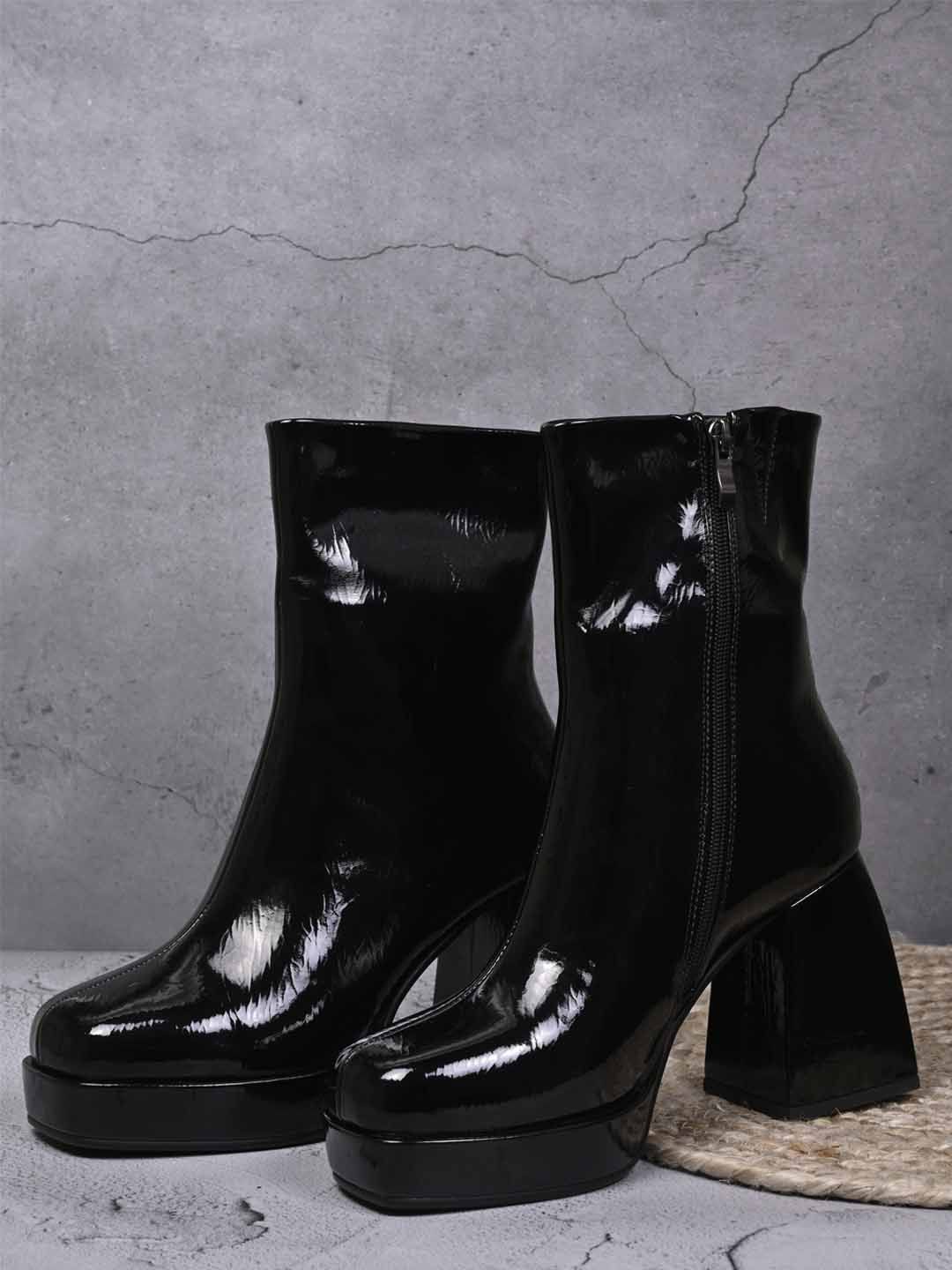 

Ronnie Grey Women Textured Square Toe Block Heeled Chunky Boots, Black
