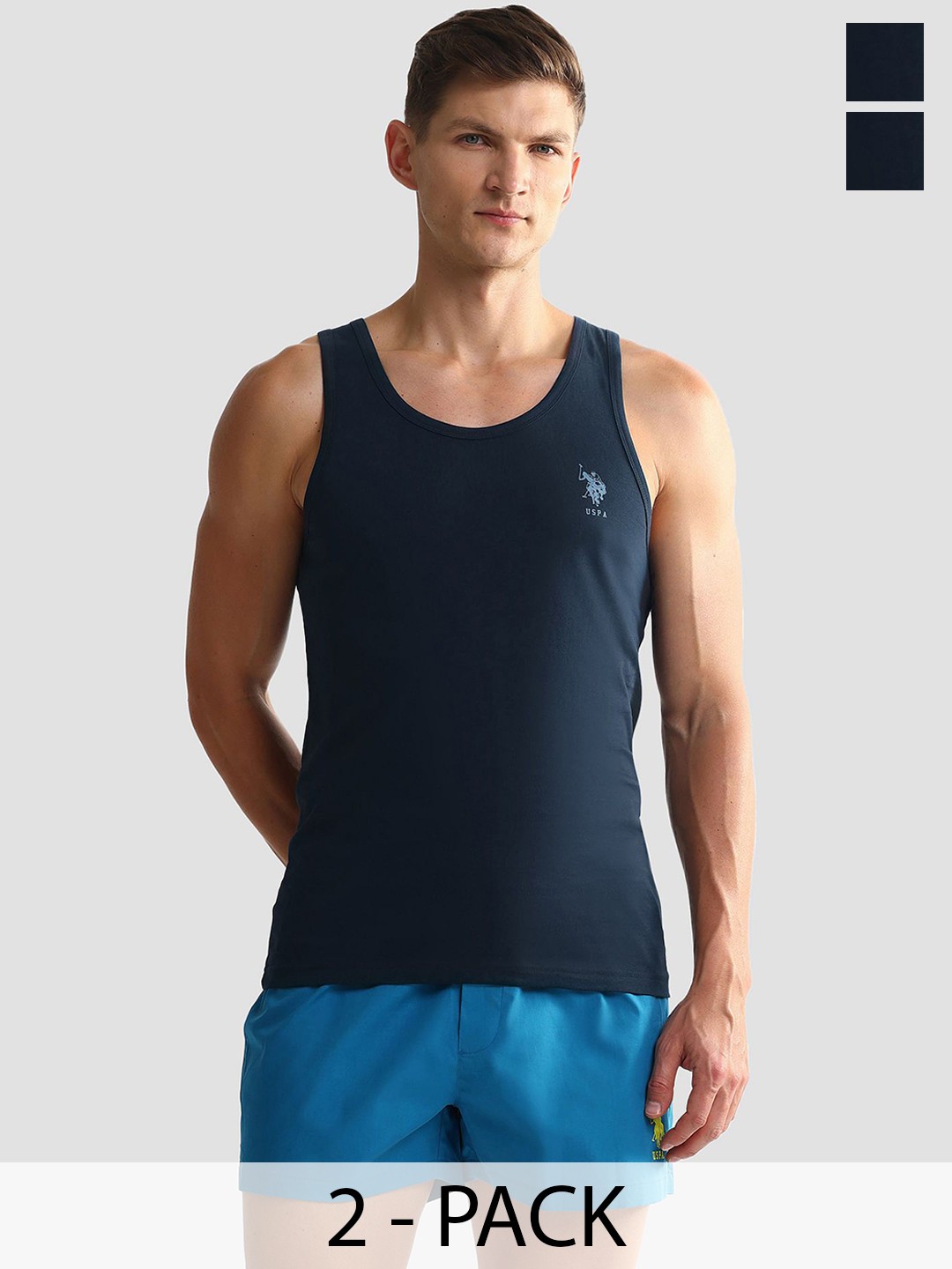 

U.S. Polo Assn. Pack Of 2 Men Cotton Sleeveless Tank Innerwear Vests, Navy blue