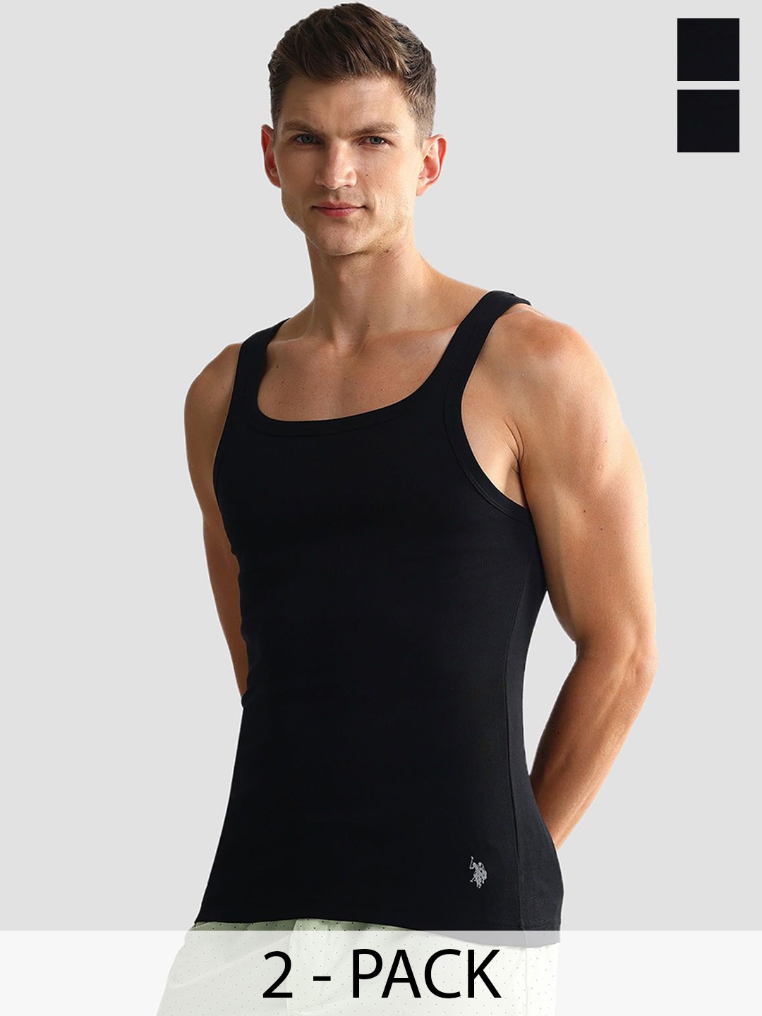 

U.S. Polo Assn. Pack Of 2 Men Pure Cotton Tank Sleeveless Innerwear Vests, Black