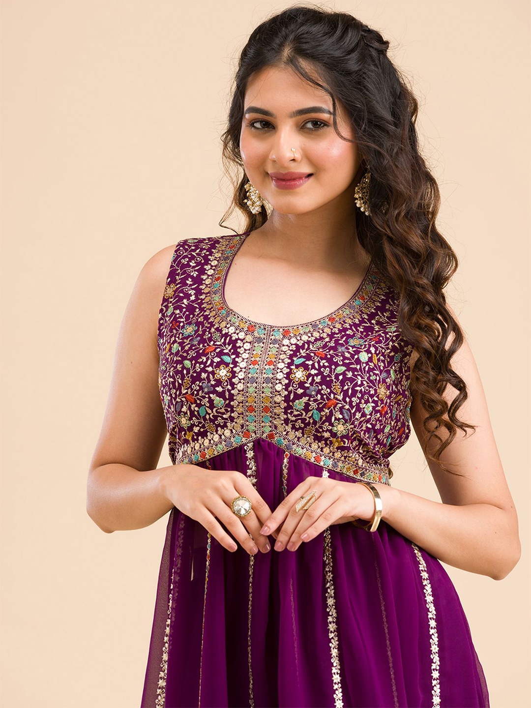 

Koskii Floral Embroidered U-Neck Georgette Anarkali Kurti With Palazzos & Dupatta, Purple